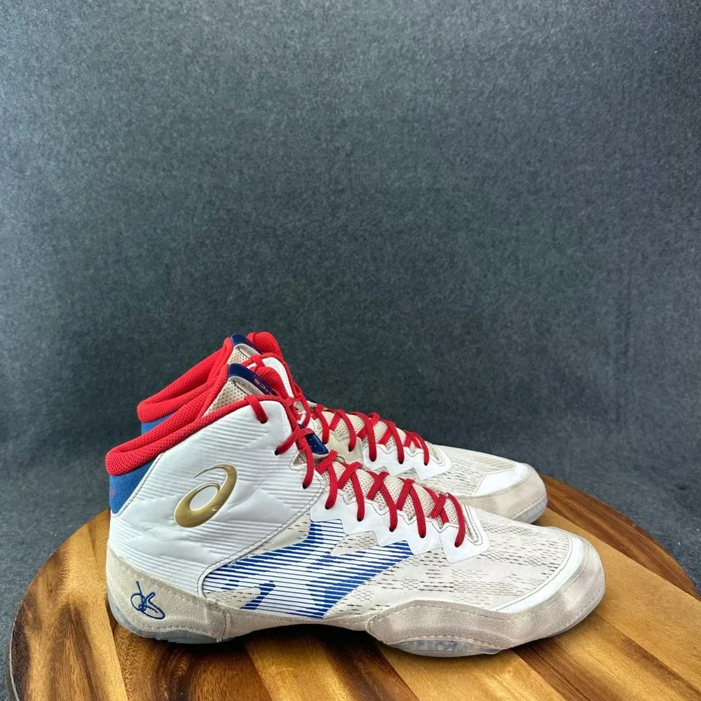 ASICS JB Elite IV Wrestling Shoes White Gold Indigo Blue 1081A016 Mens 13